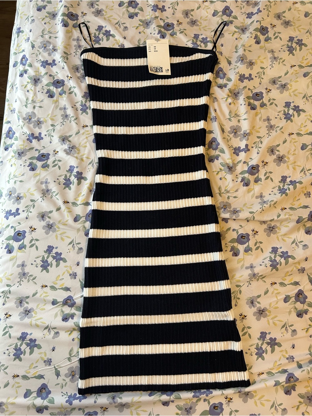 H&M Black & White Striped Ribbed Midi Dress